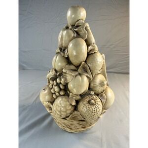 Vintage Fruit Topiary Basket Sculpture Cream Antiqued Centerpiece 14.5 Inch
